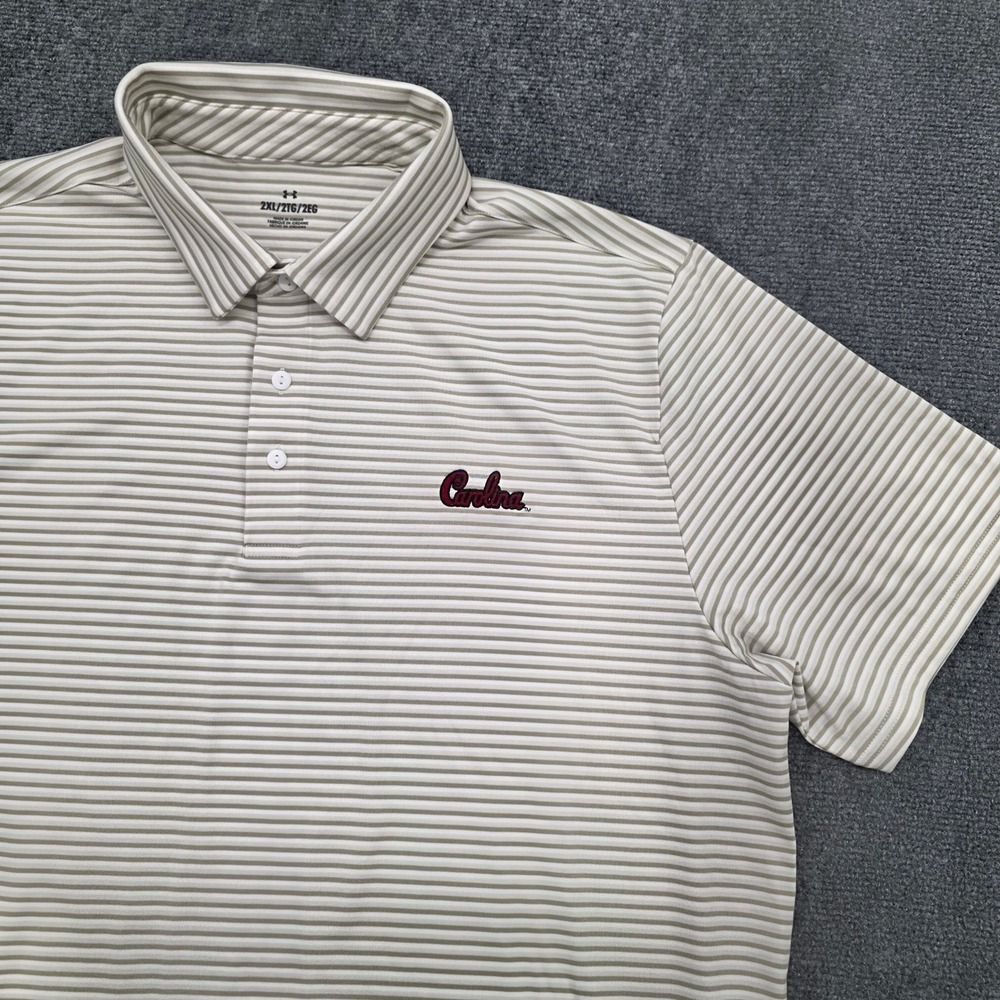 Under Armour South Carolina Gamecocks Script Striped Polo Shirt 2XL Tan White